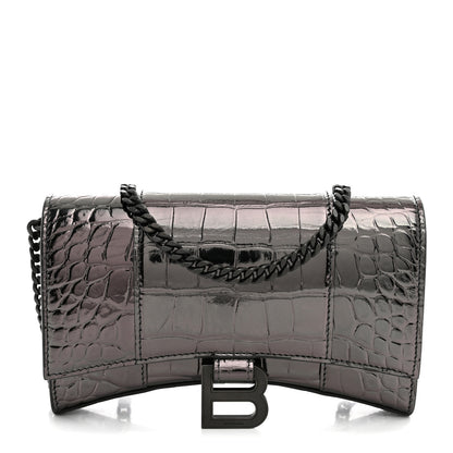 Balenciaga Shiny Metallic Calfskin Crocodile Embossed Hourglass Chain Bag Gunmetal 1 of 10