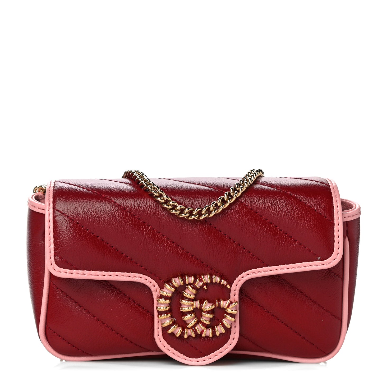 Azalea Calfskin Enamel Matelasse Diagonal Super Mini Torchon GG Marmont Shoulder Bag New Cherry Red Wild Rose