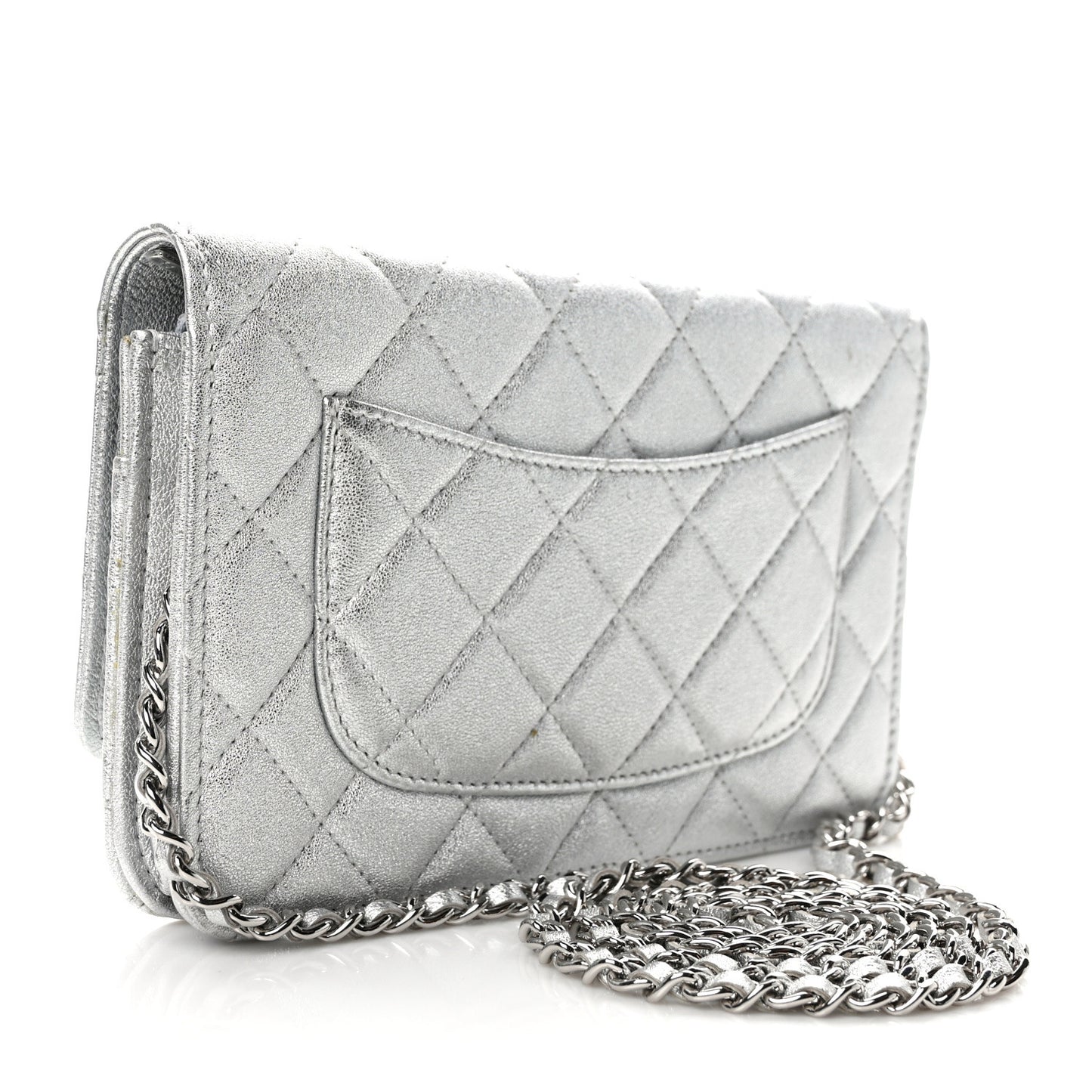 Metallic Lambskin Quilted Wallet On Chain WOC Silver