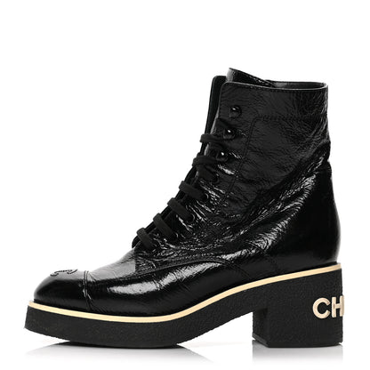 Chanel Shiny Crumpled Lambskin Lace Up Combat Boots 37.5 Black 1 of 8