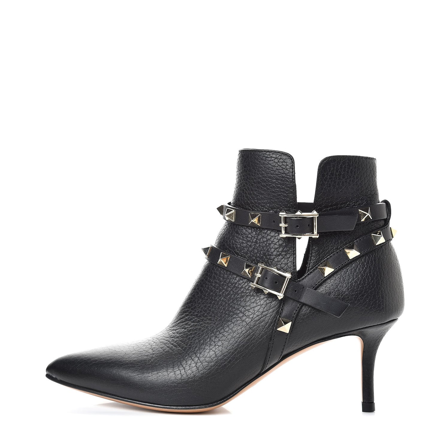 Grained Calfskin Rockstud Double Buckle 65mm Ankle Boots 35 Black