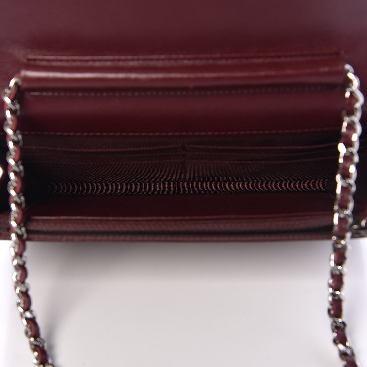 Striated Patent Quilted Wallet on Chain WOC Bordeaux