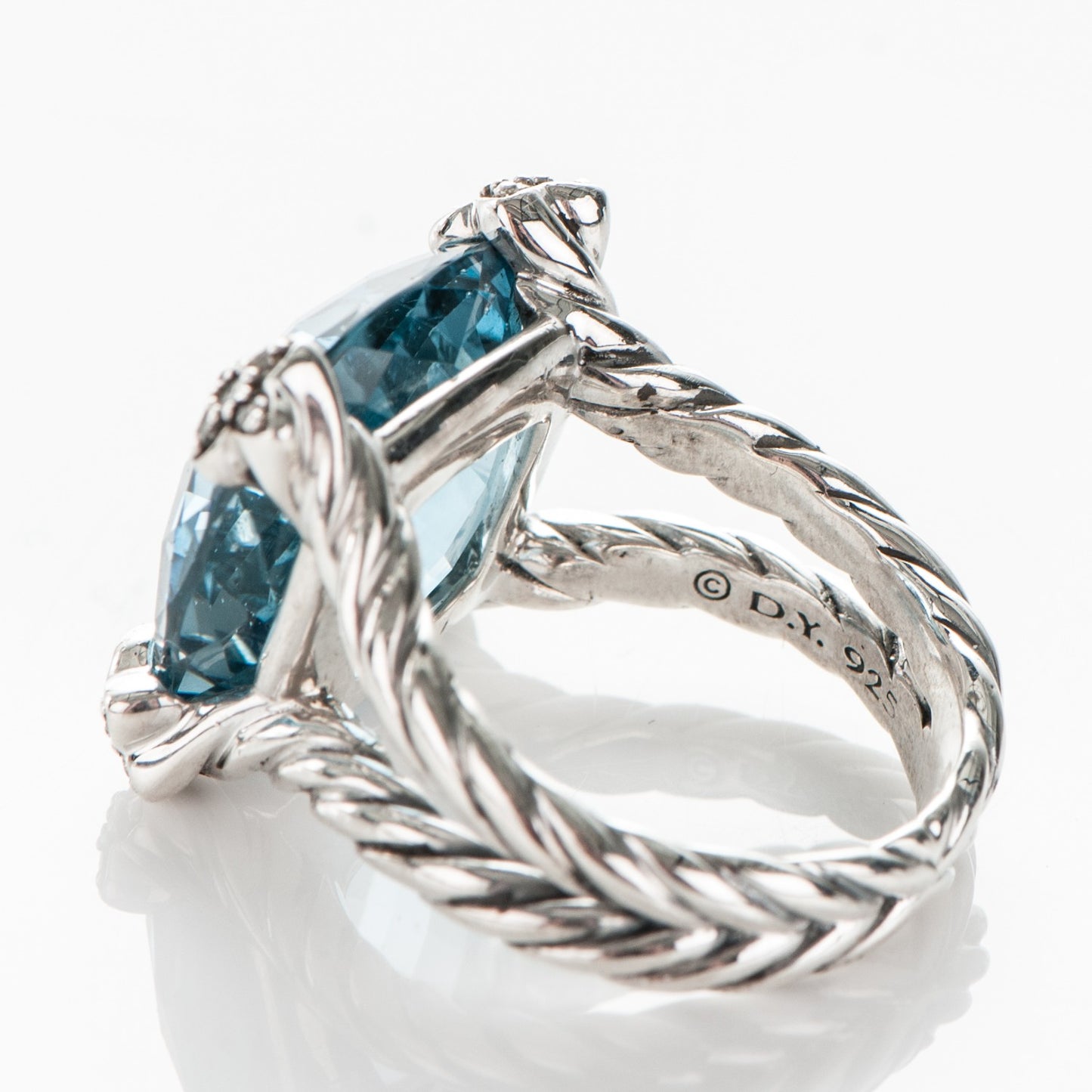 Sterling Silver Pave Diamond Blue Topaz 15mm Cushion On Point Ring 6