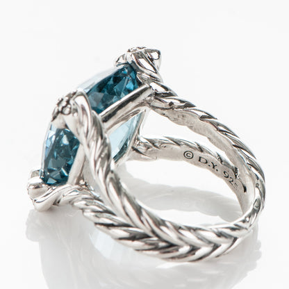 David Yurman Sterling Silver Pave Diamond Blue Topaz 15mm Cushion On Point Ring 6 4 of 5