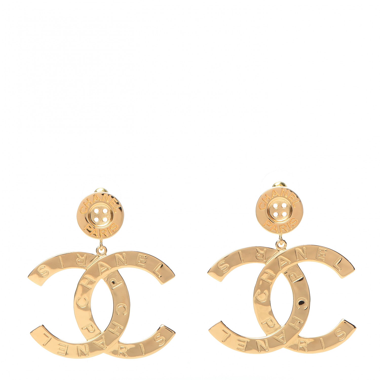 Chanel Metal Large Paris Button Earrings Gold 1 of 5