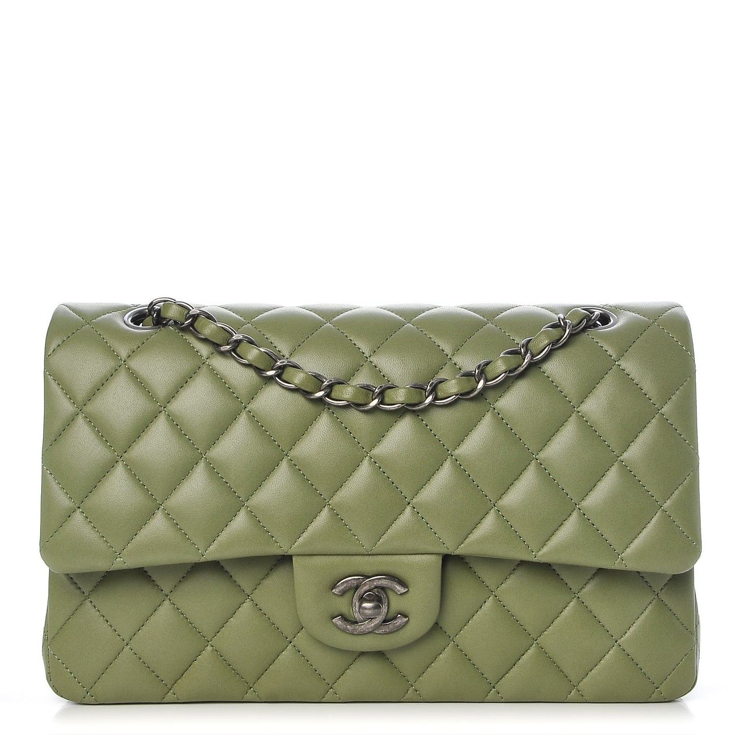 Lambskin Quilted Medium Double Flap Green