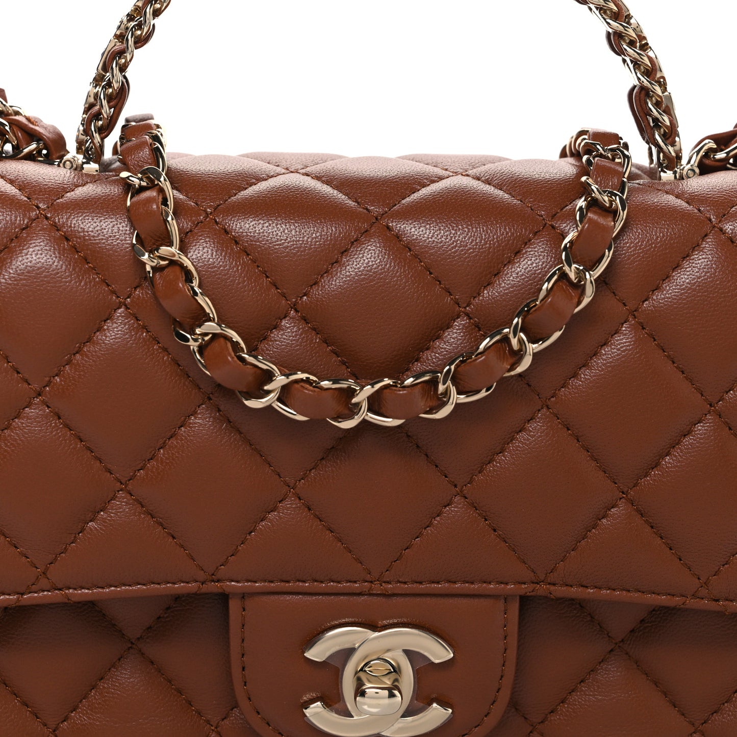 Lambskin Quilted Medium Crystal Top Handle Rectangular Flap Brown
