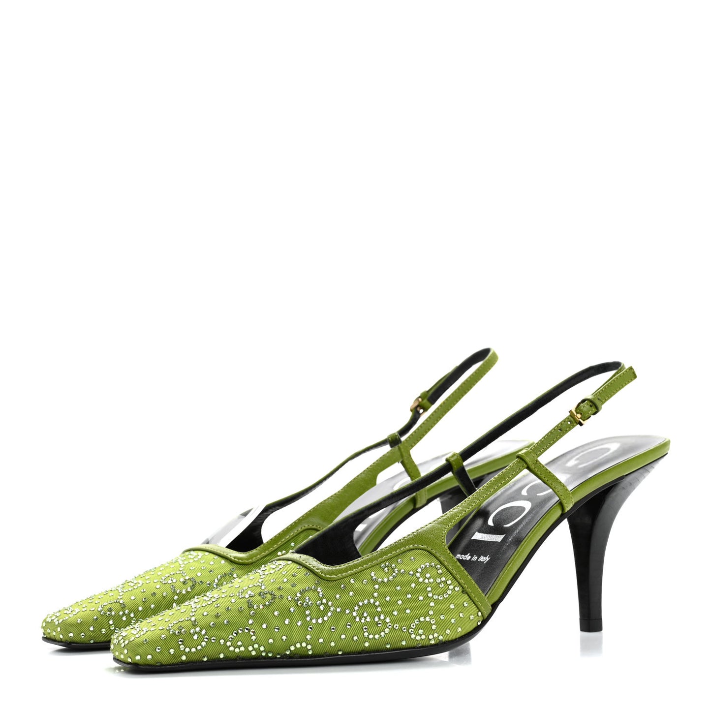 Moire Fabric Malaga Kid Crystal GG Monogram Square G 75mm Slingback Pumps 40 Lemon Leaf