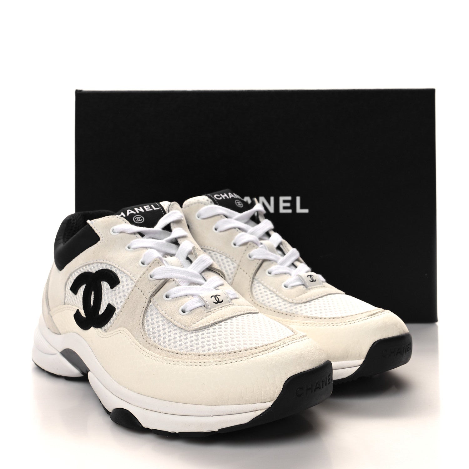 Chanel Mesh Suede Calfskin Grained Calfskin Womens CC Sneakers 39.5 White Black 8 of 8