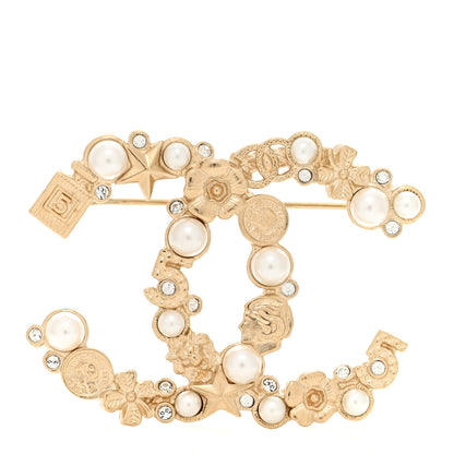 Chanel Pearl Crystal CC Lucky Symbols Brooch Gold 1 of 5