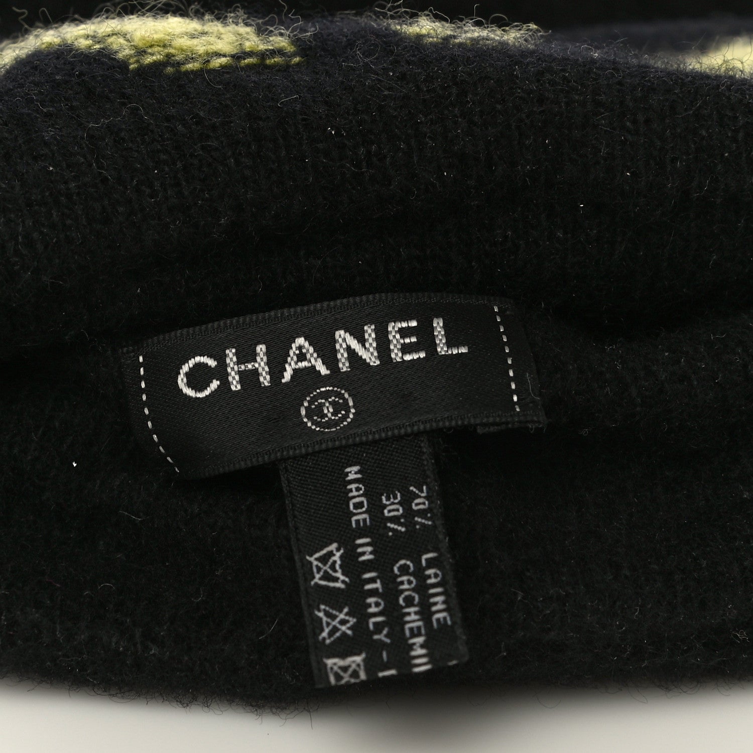 Chanel Wool Cashmere Logo Beanie Hat Black Yellow 5 of 8