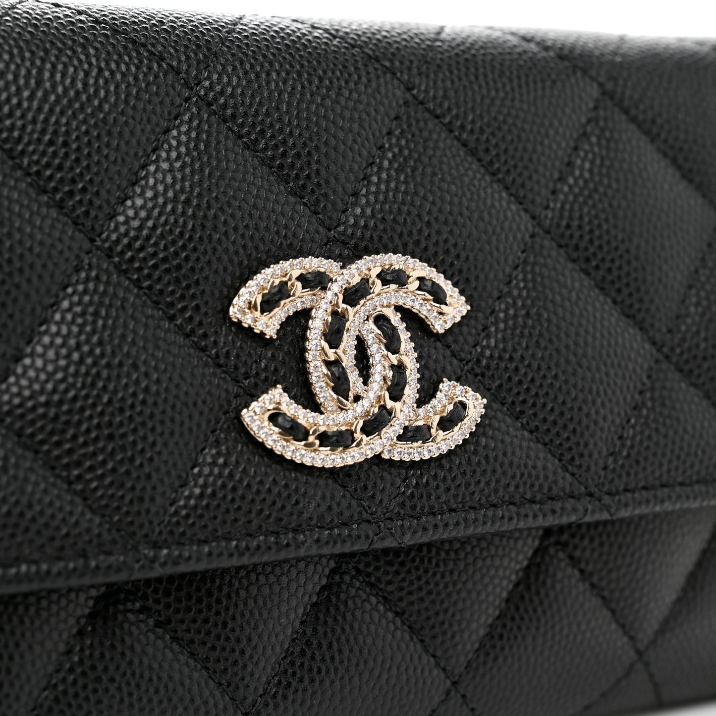 Caviar Quilted Crystal CC Large Gusset Flap Wallet Black