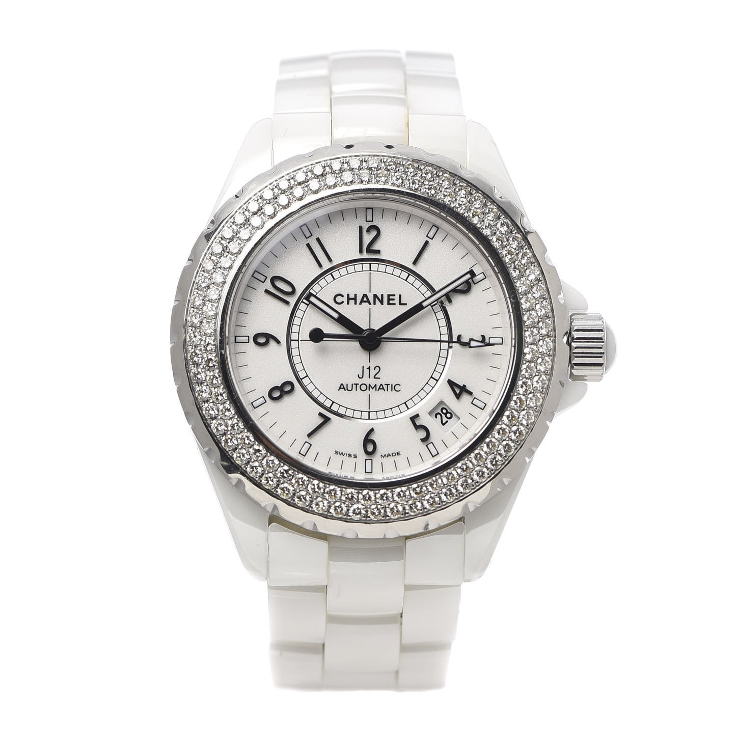 Stainless Steel Ceramic Diamond Pave Bezel 38mm J12 Automatic Watch White