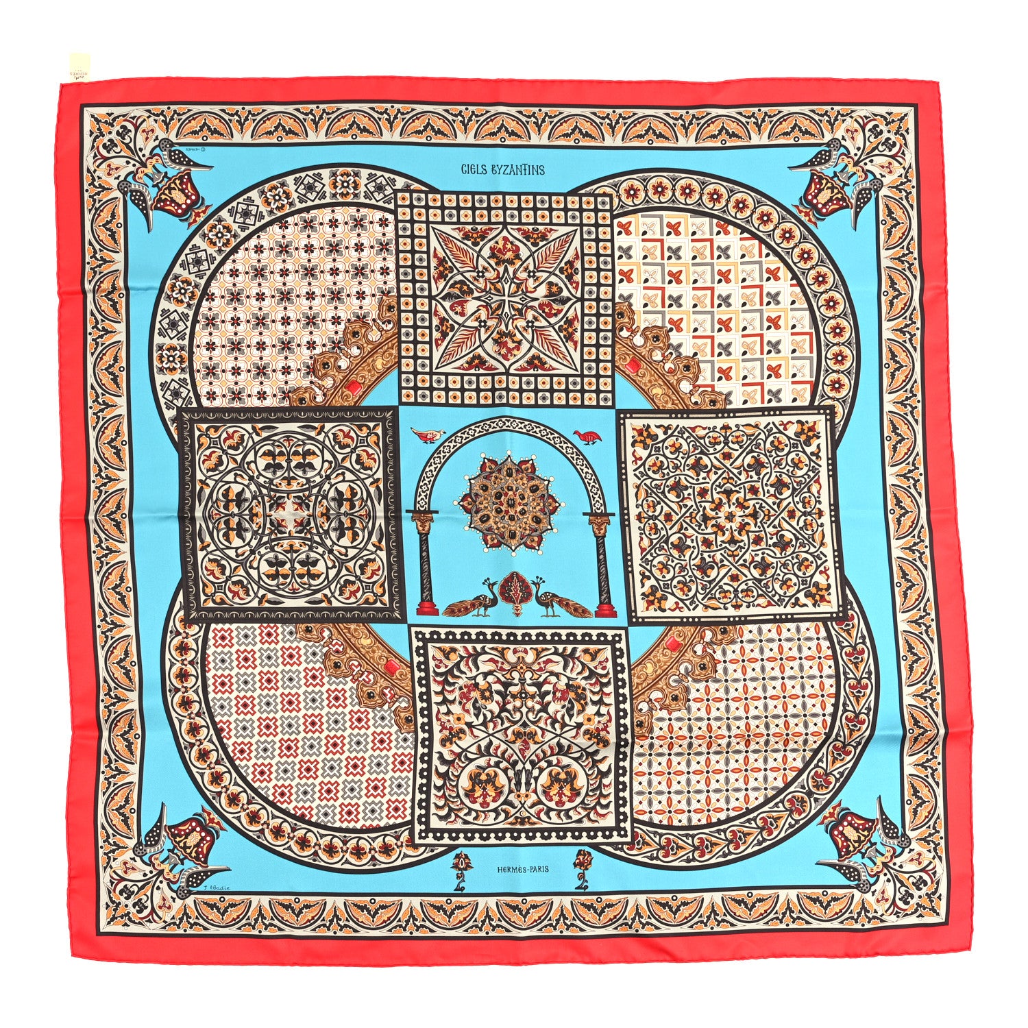 Hermes Silk Ciels Byzantins Scarf 90 Rouge Turquoise Beige 1 of 3