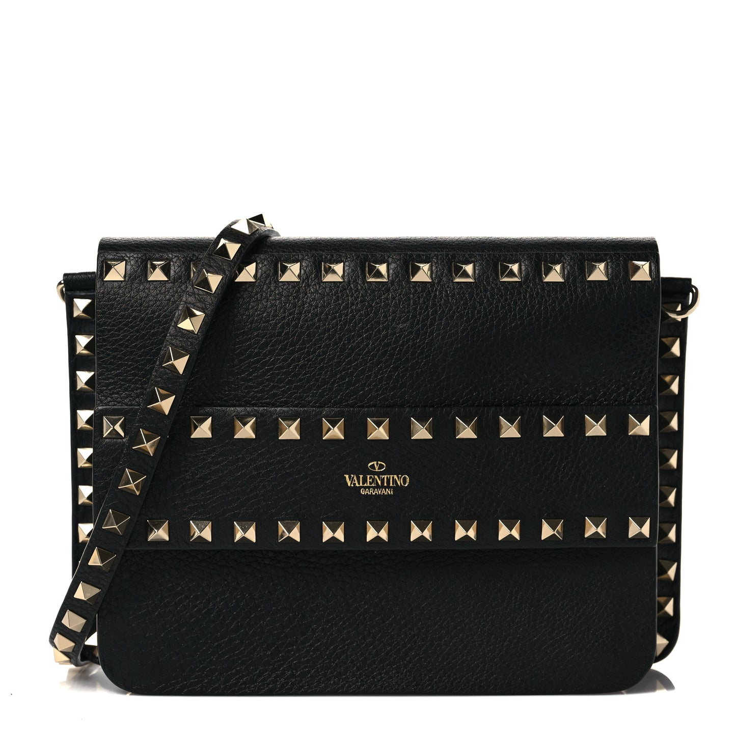 Pebbled Calfskin Rockstud Side Slip Crossbody Black