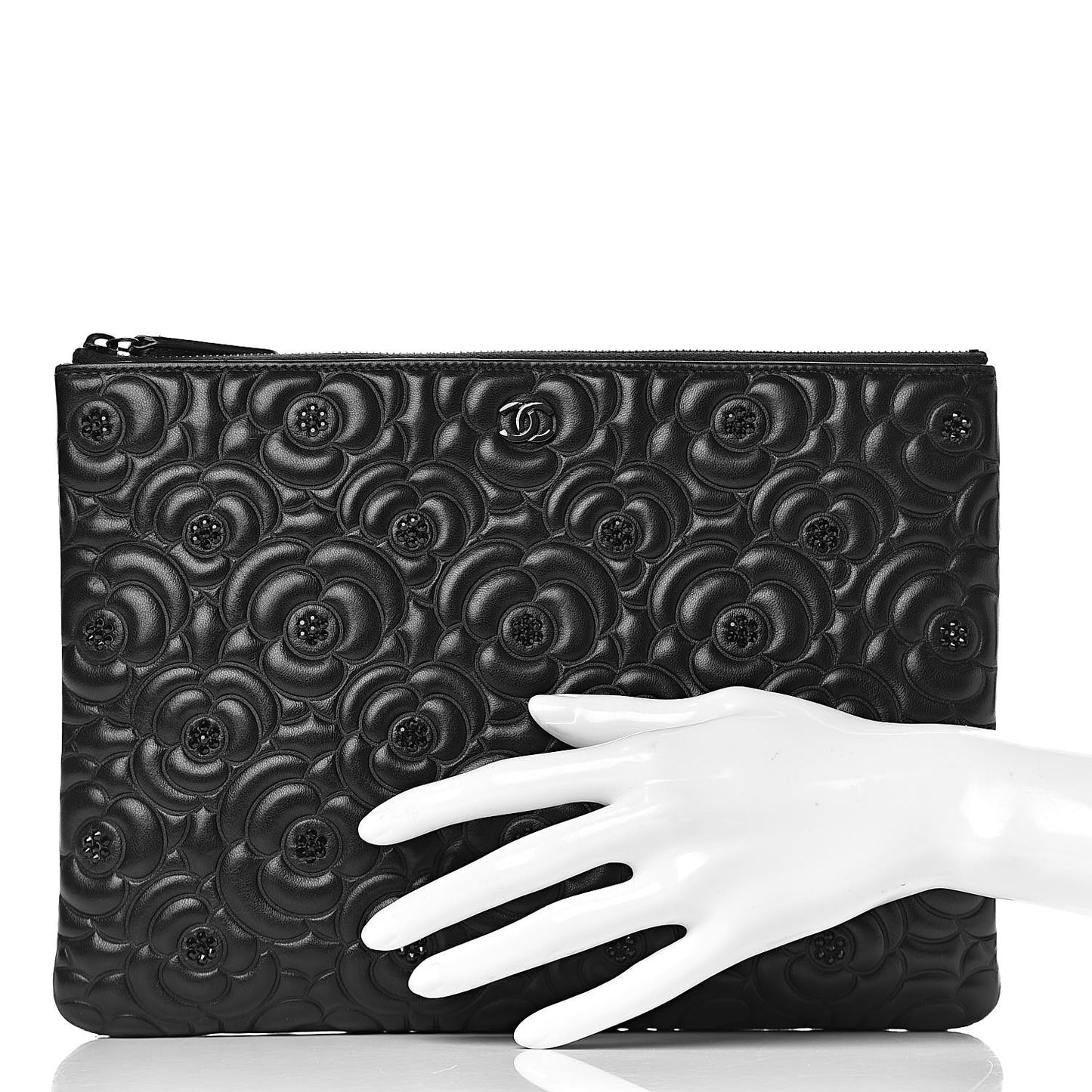 Lambskin Crystal Camellia Embossed Medium Cosmetic Case Black