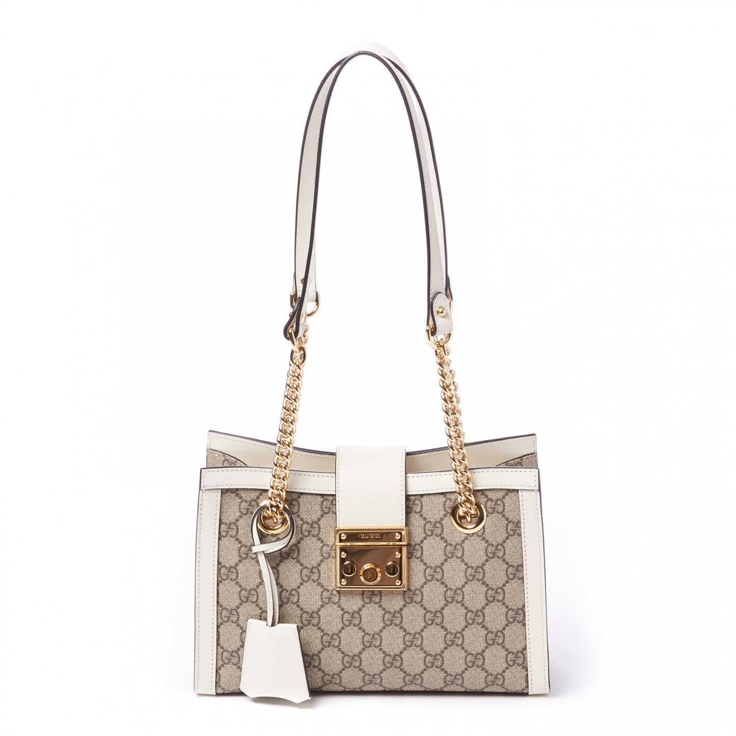 GG Supreme Monogram Moon Calfskin Small Padlock Tote Beige Ebony Mystic White