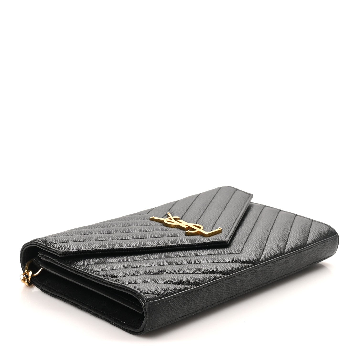 Saint Laurent Grain De Poudre Matelasse Chevron Monogram Chain Wallet Black 4 of 9