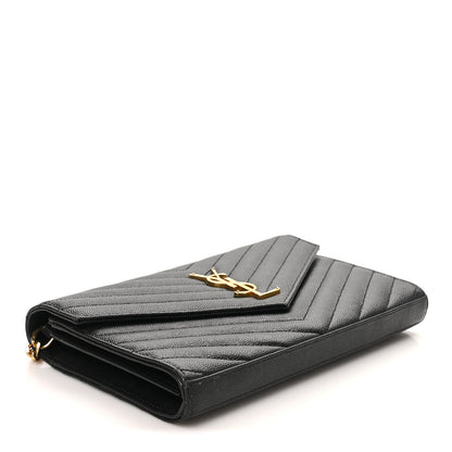 Saint Laurent Grain De Poudre Matelasse Chevron Monogram Chain Wallet Black 4 of 9