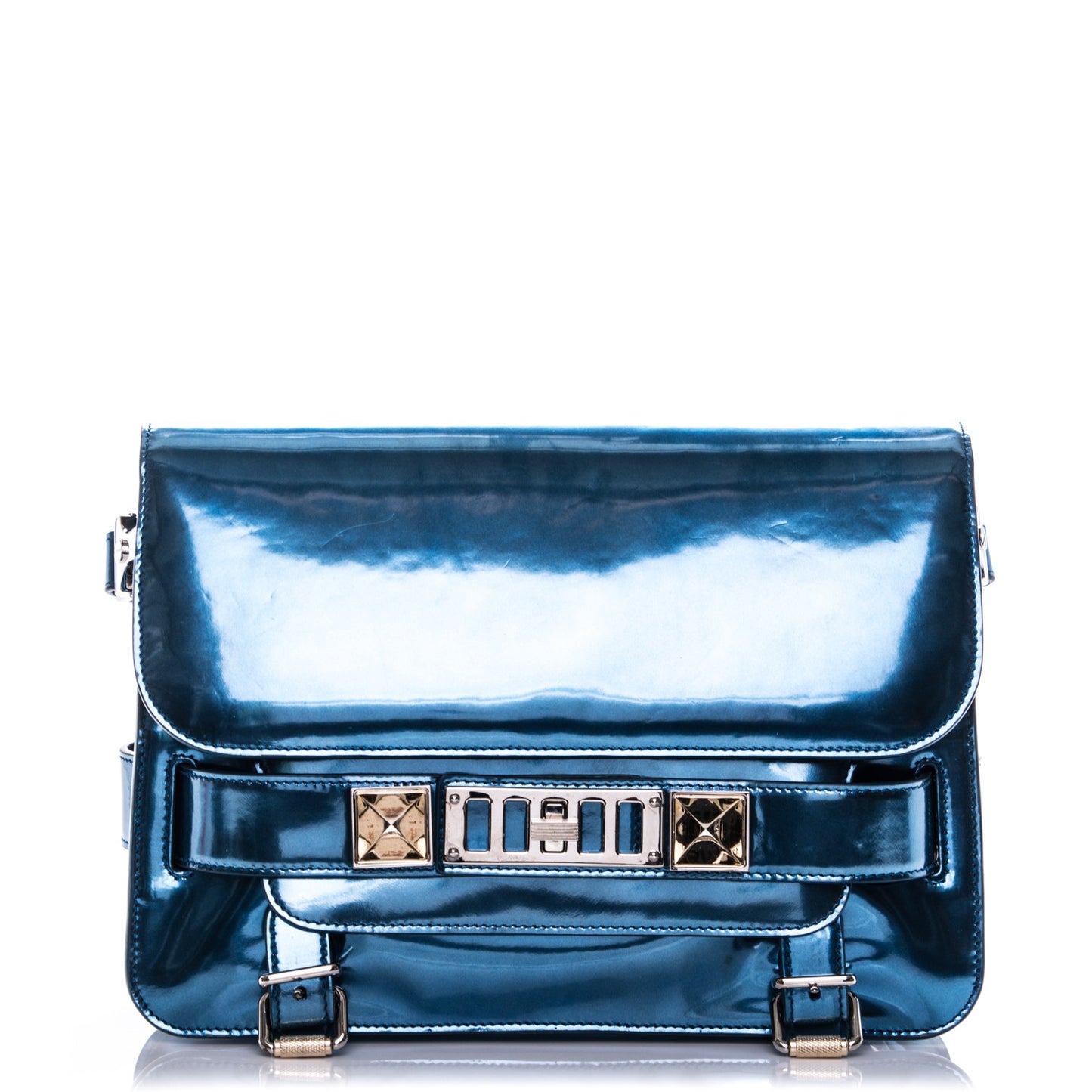 Metallic Patent PS11 Classic Shoulder Bag Ocean Blue