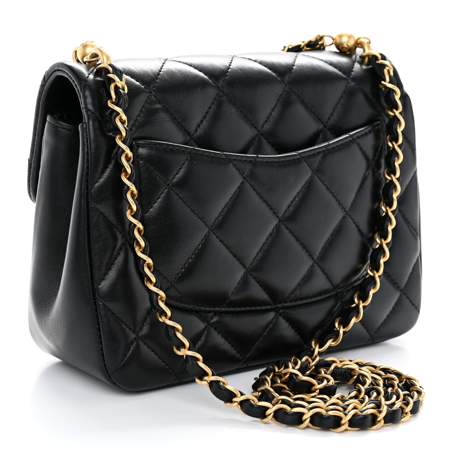 Shiny Lambskin Quilted Pearl Twist Mini Square Flap Black