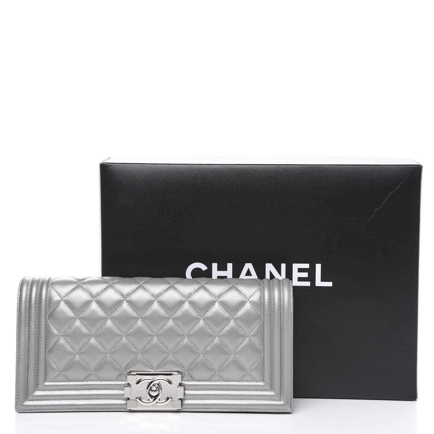 Chanel Metallic Lambskin Quilted Boy Flap Clutch Silver 10 of 10