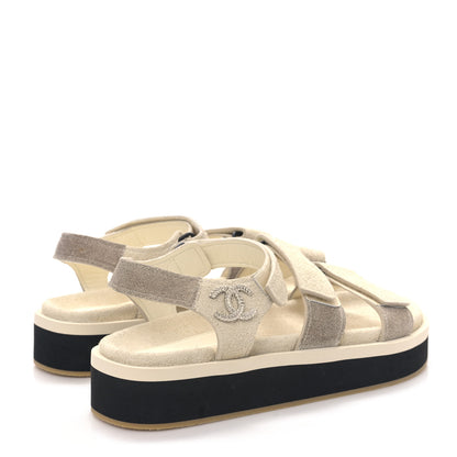 Chanel Suede Calfskin Velcro Flat Sandals 40 Ecru Dark Beige 4 of 9