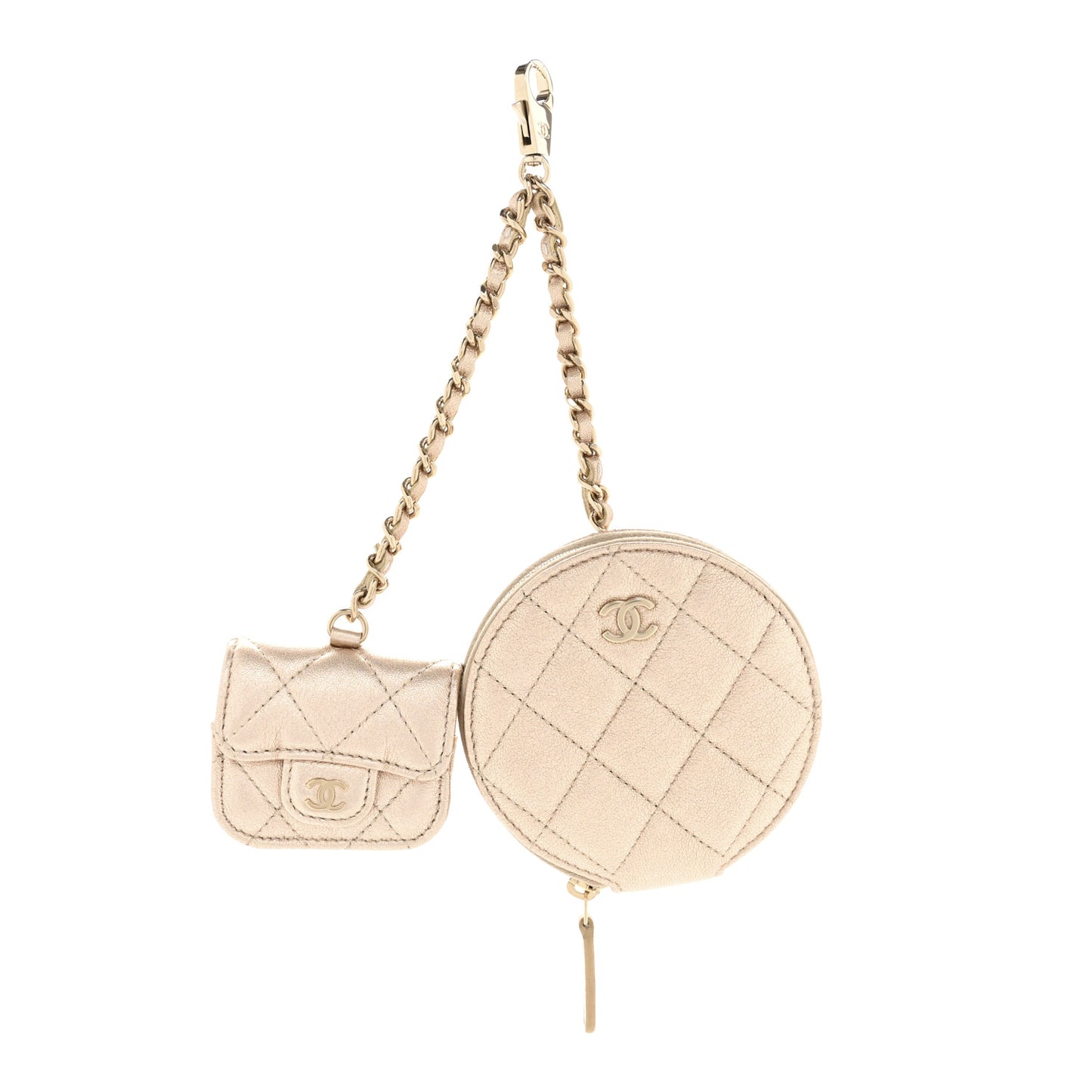 Metallic Lambskin Quilted Round Clip On Coin Purse Airpods Case Gold