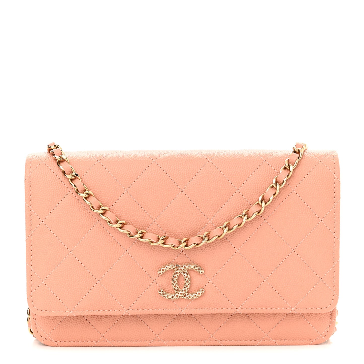 Caviar Quilted Perforated Metal CC Wallet On Chain WOC Beige