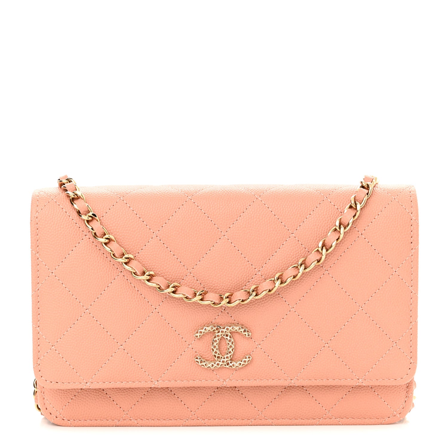Chanel Caviar Quilted Perforated Metal CC Wallet On Chain WOC Beige 1 of 12