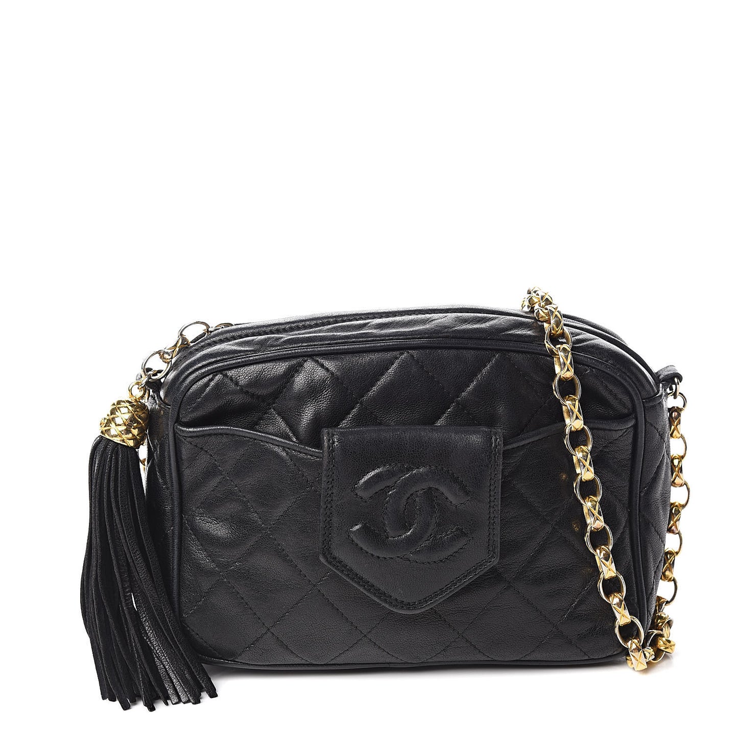 Lambskin Quilted Tassel Camera Case Black