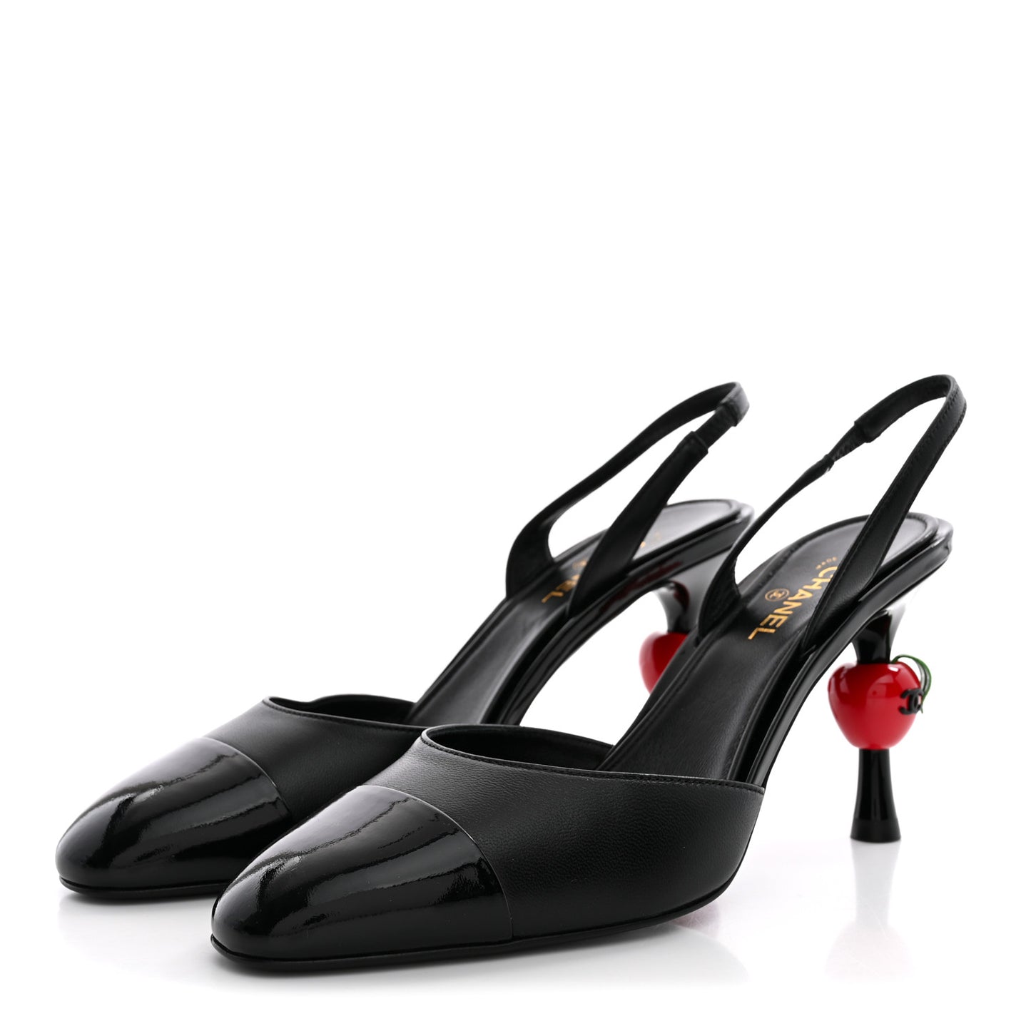 Lambskin Patent Cap Toe CC Apple Slingback Pumps 38 Black