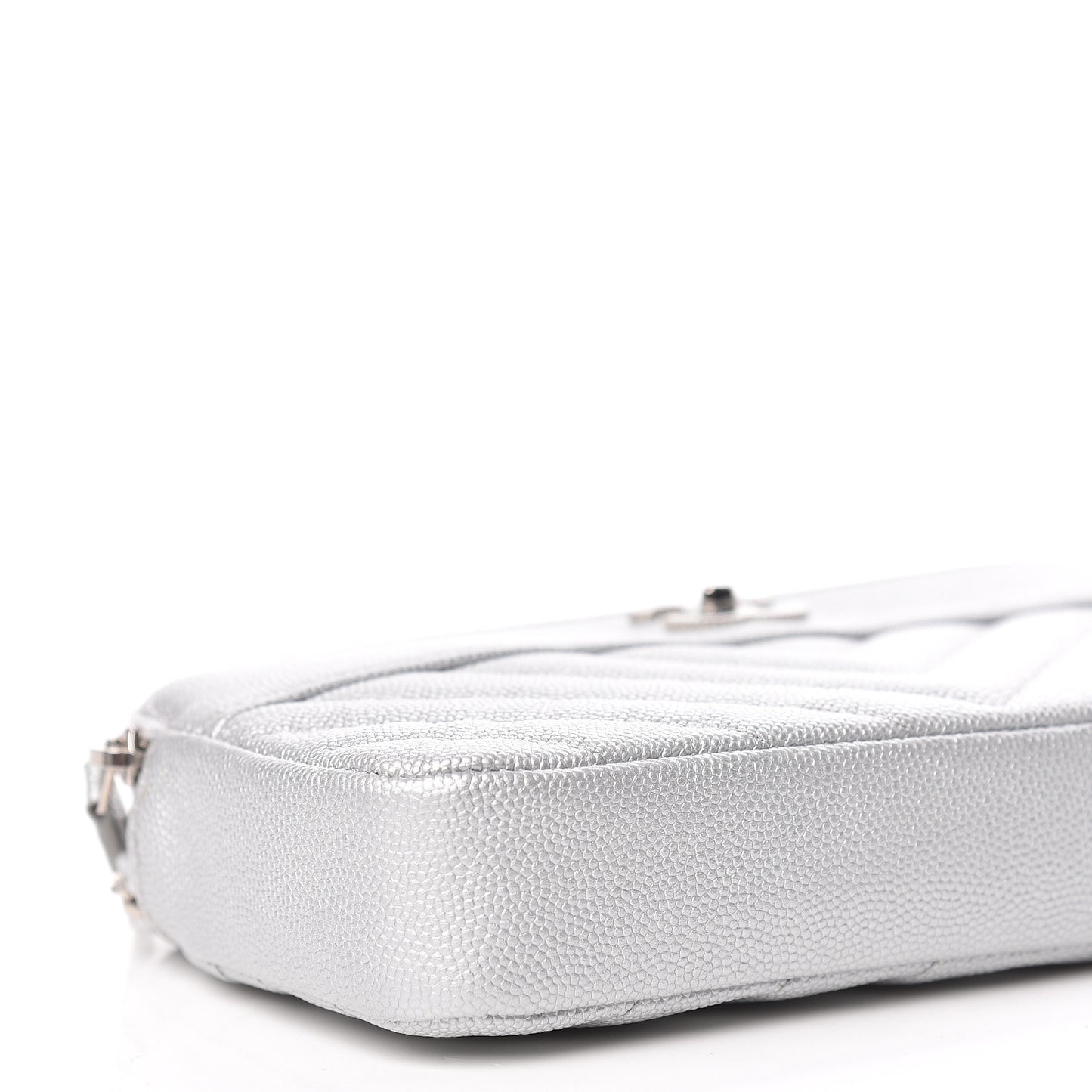 Metallic Caviar Chevron Quilted Small Vintage Mademoiselle Clutch With Chain Silver