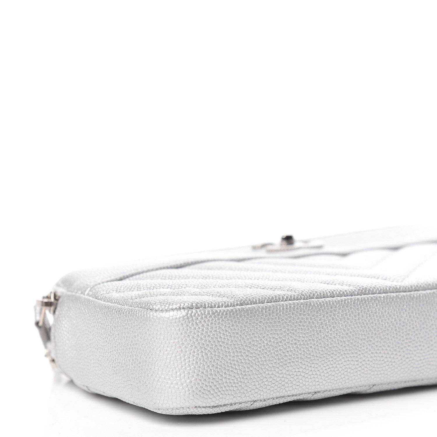 Chanel Metallic Caviar Chevron Quilted Small Vintage Mademoiselle Clutch With Chain Silver 9 of 14