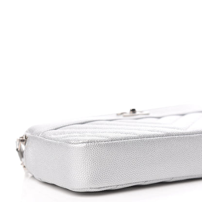 Chanel Metallic Caviar Chevron Quilted Small Vintage Mademoiselle Clutch With Chain Silver 9 of 14