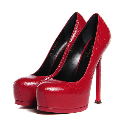 Saint Laurent Calfskin Crocodile Embossed Tribute Two 105 Platform Pumps 36.5 Rouge Orient 3 of 6
