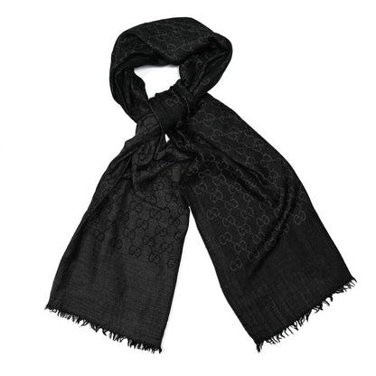 Gucci Wool Silk GG Monogram Fringe Scarf Anthracite Black 1 of 6