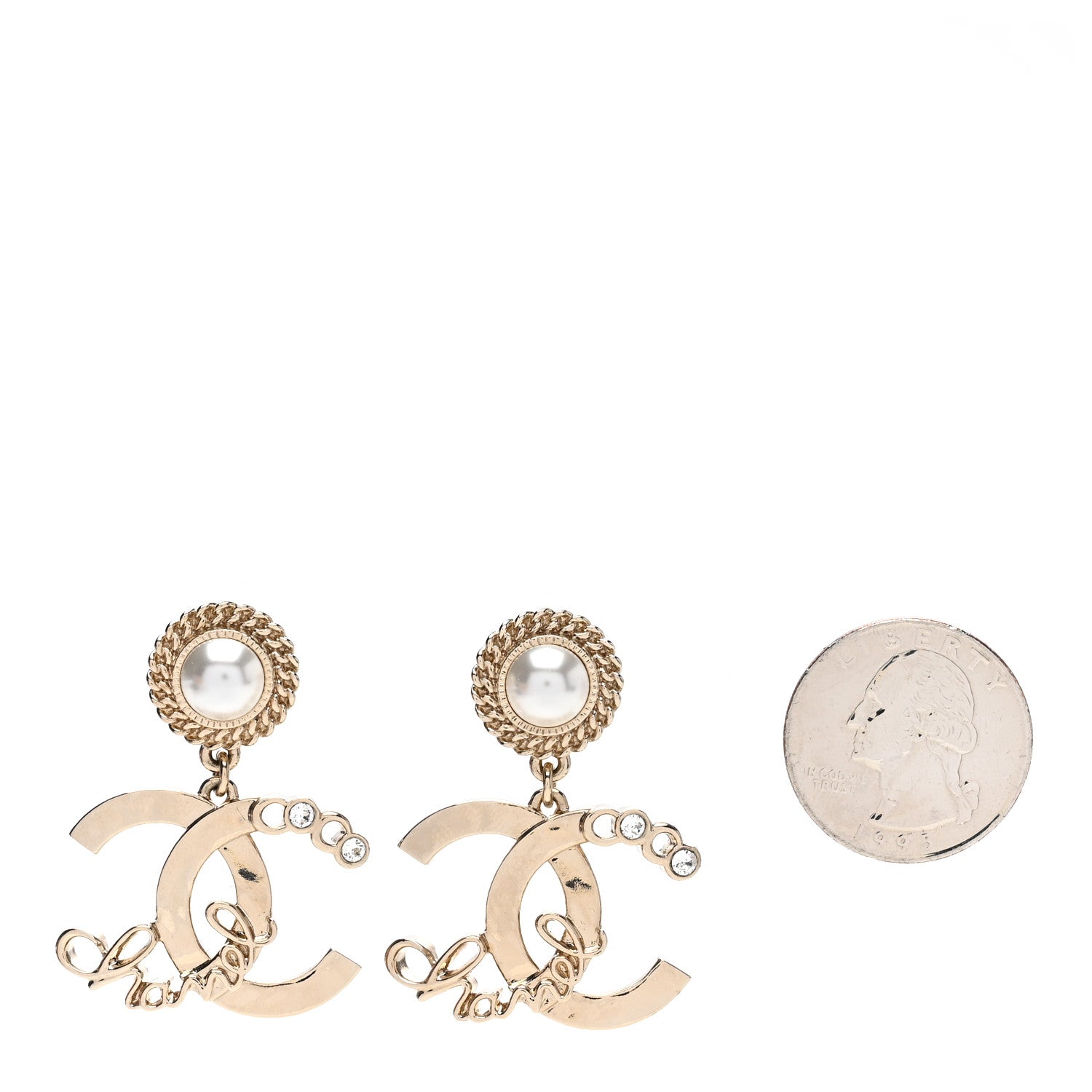 Chanel Metal Pearl Crystal Coco Script CC Drop Earrings Gold 2 of 4