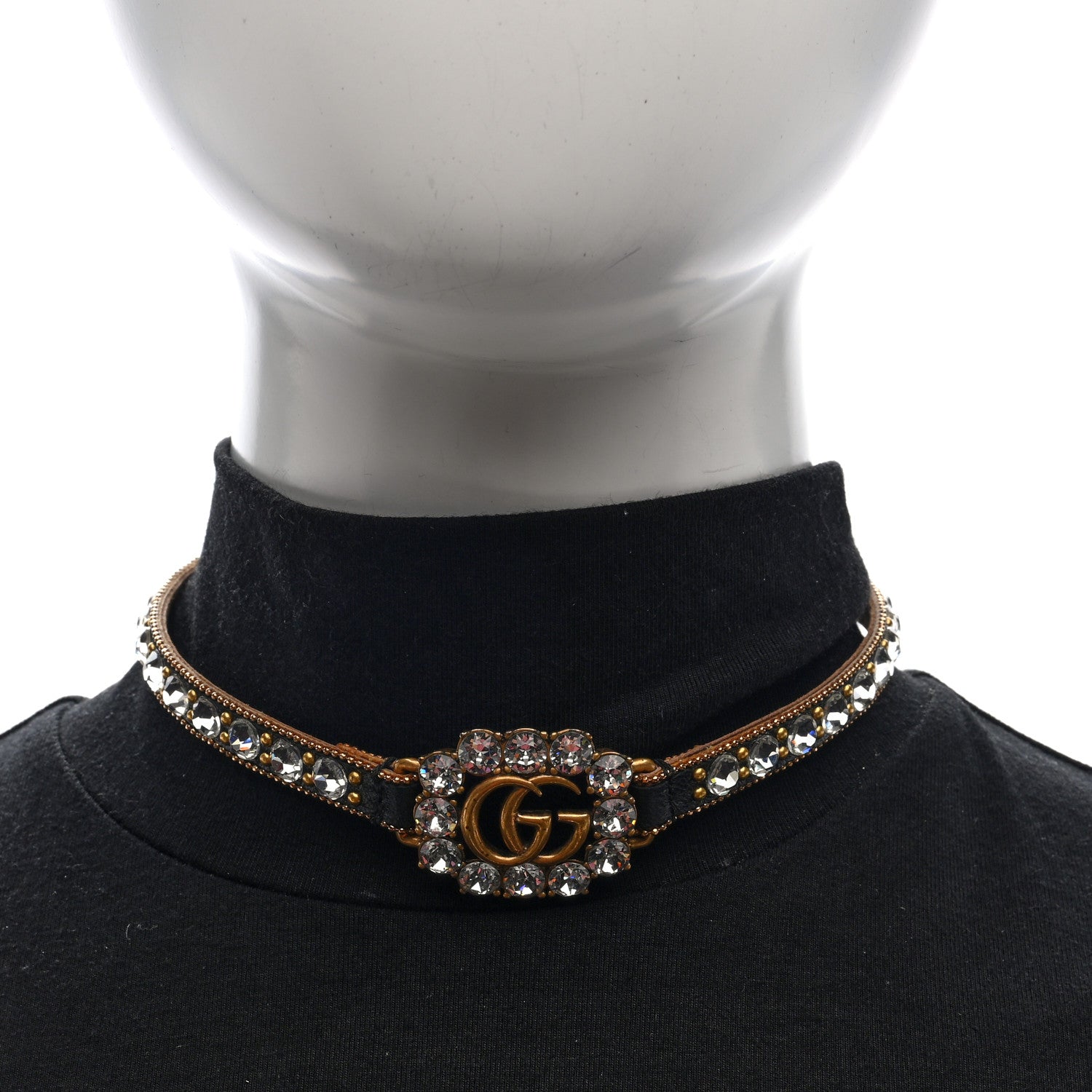 Gucci Calfskin Crystal Embellished Double G Choker Necklace Black 2 of 5