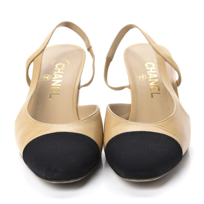 Chanel Goatskin Grosgrain Cap Toe CC Slingback Pumps 37 Beige Black 2 of 11