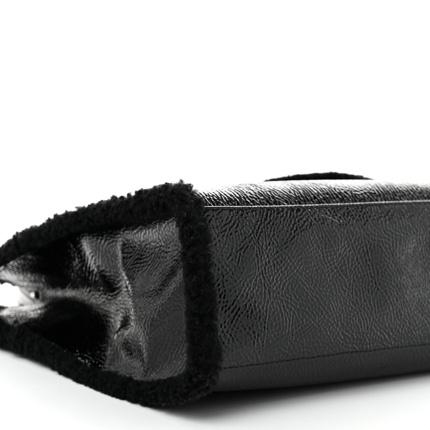 X UGG Crinkle Patent Shearling Medium Shopping Bag Black