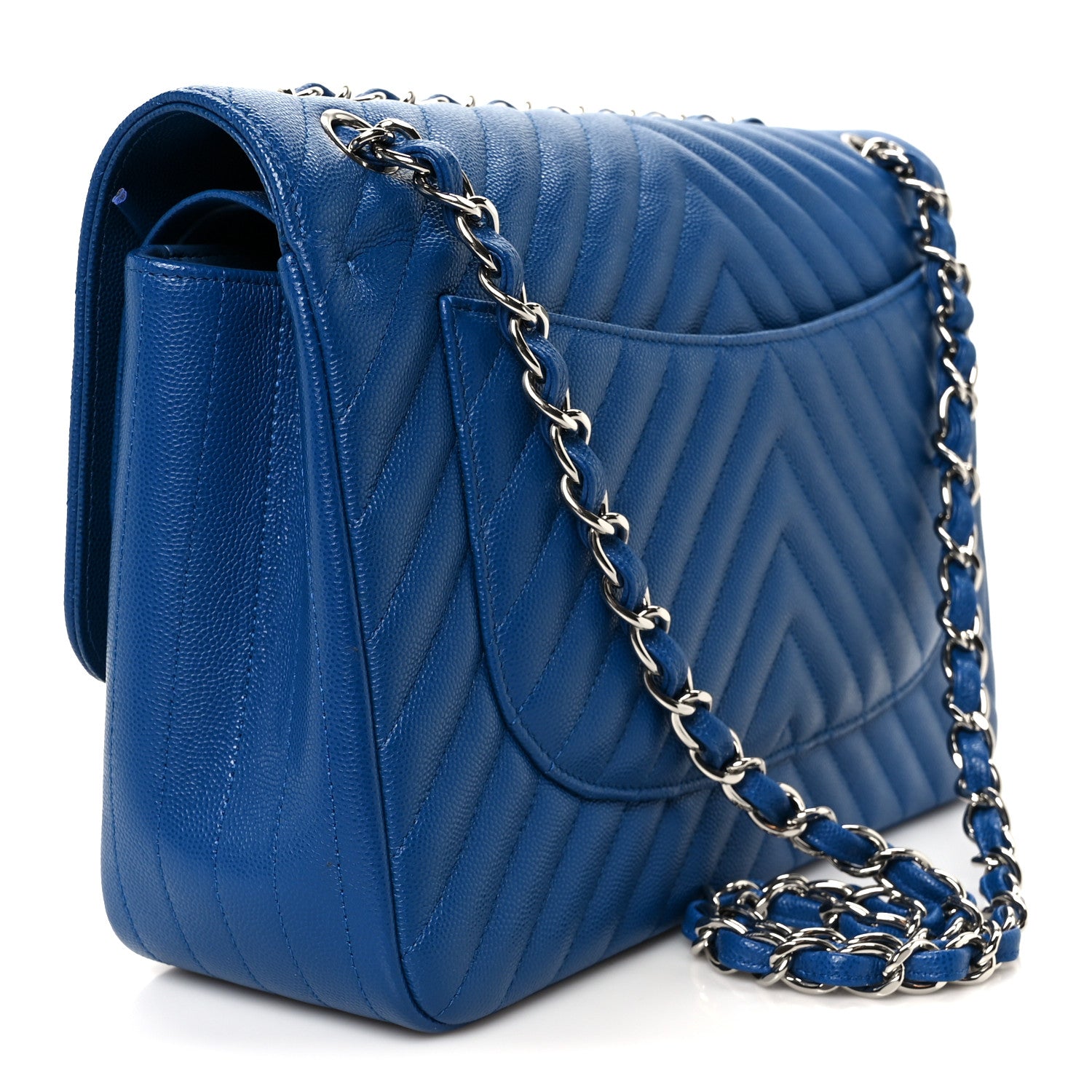 Chanel Caviar Chevron Quilted Jumbo Double Flap Blue 3 of 11
