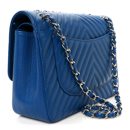 Chanel Caviar Chevron Quilted Jumbo Double Flap Blue 3 of 11