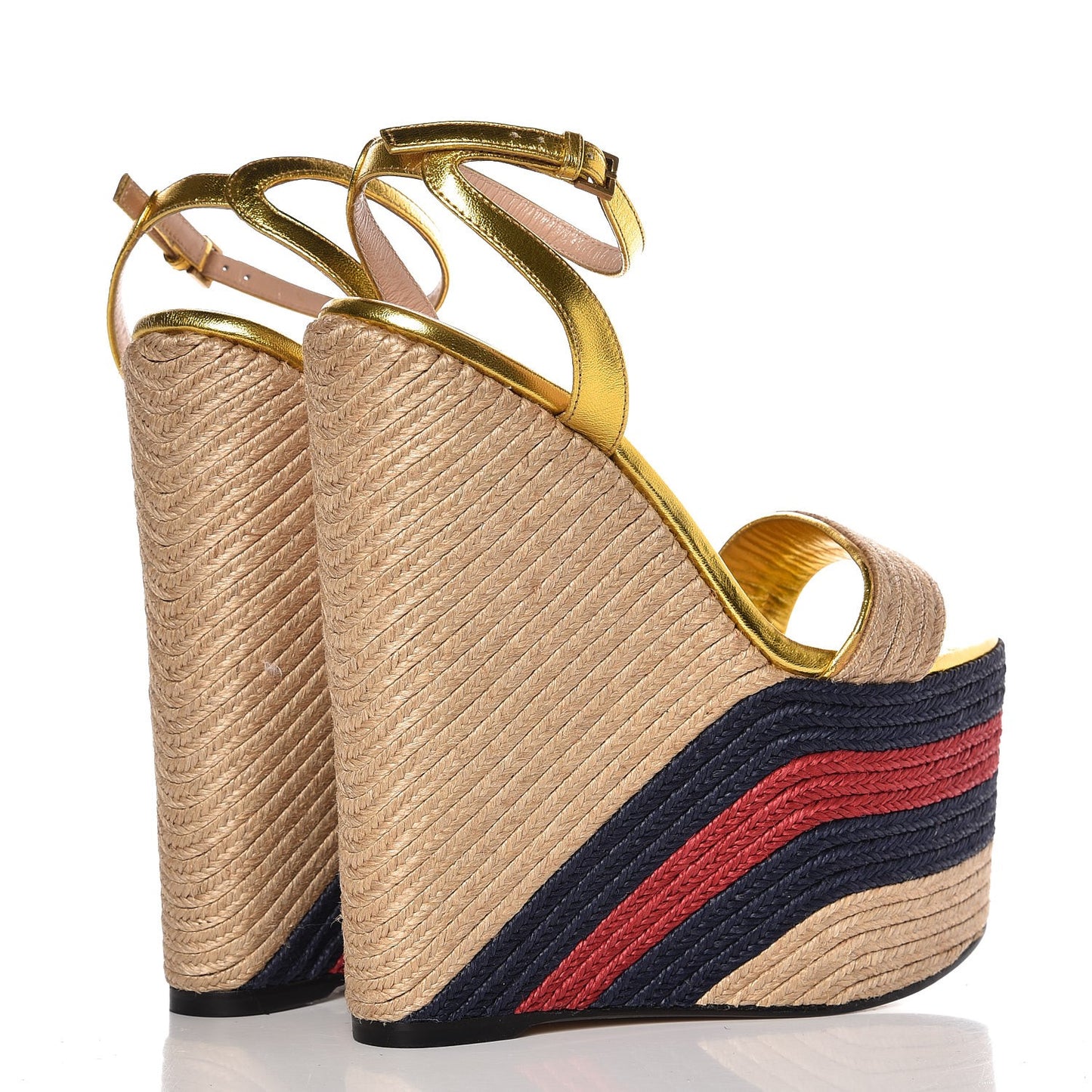 Raffia Metallic Calfskin Web Espadrille Platform Wedge Sandals 36 Gold