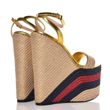 Gucci Raffia Metallic Calfskin Web Espadrille Platform Wedge Sandals 36 Gold 4 of 8