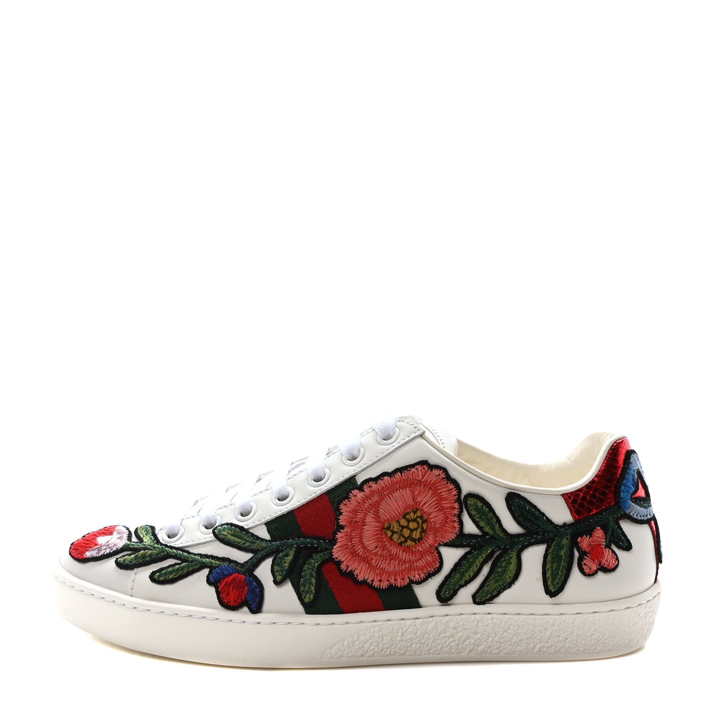 Calfskin Web Floral Embroidered Womens Ace Sneakers 36 White