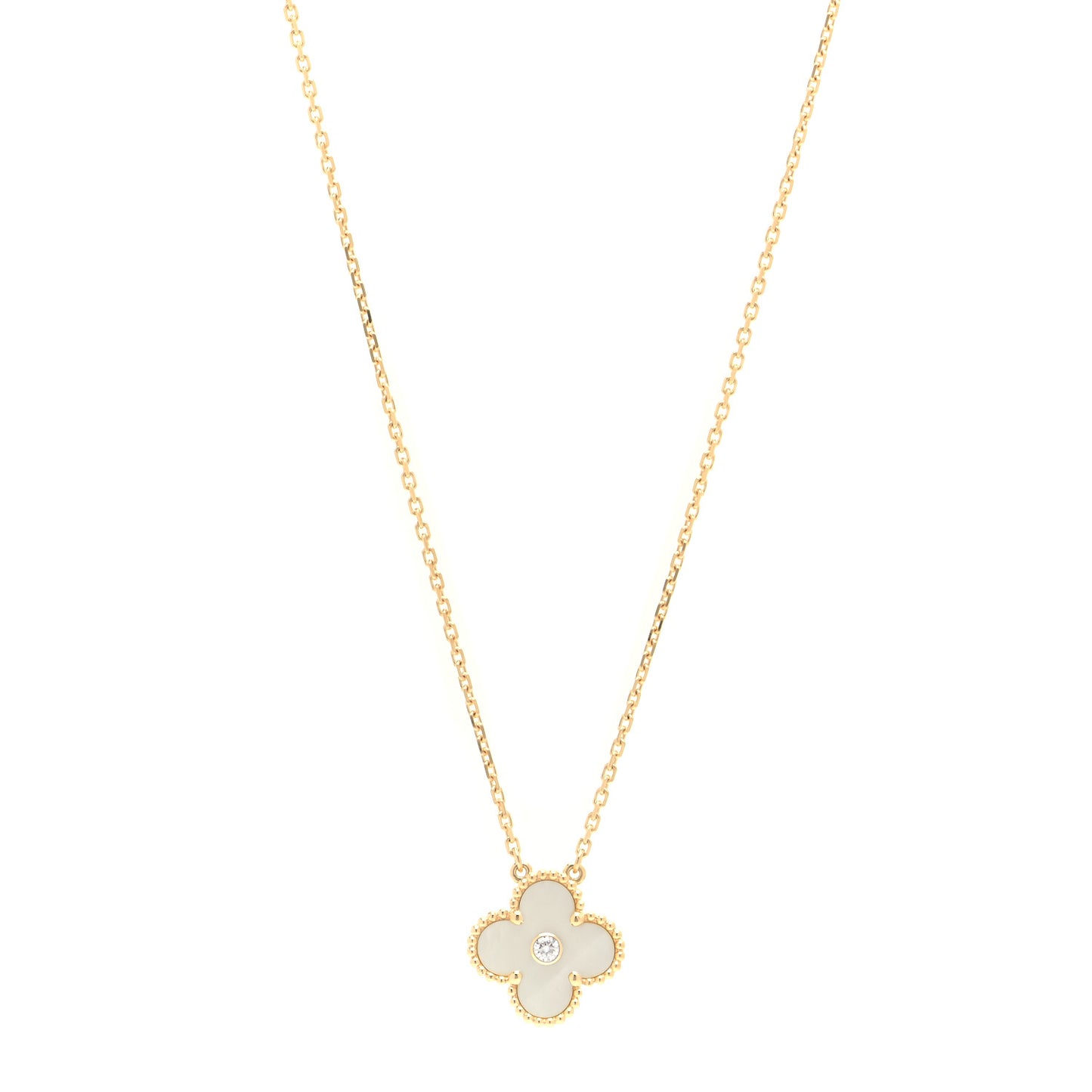 18K Yellow Gold Diamond Yellow Mother of Pearl Vintage Alhambra Pendant Necklace