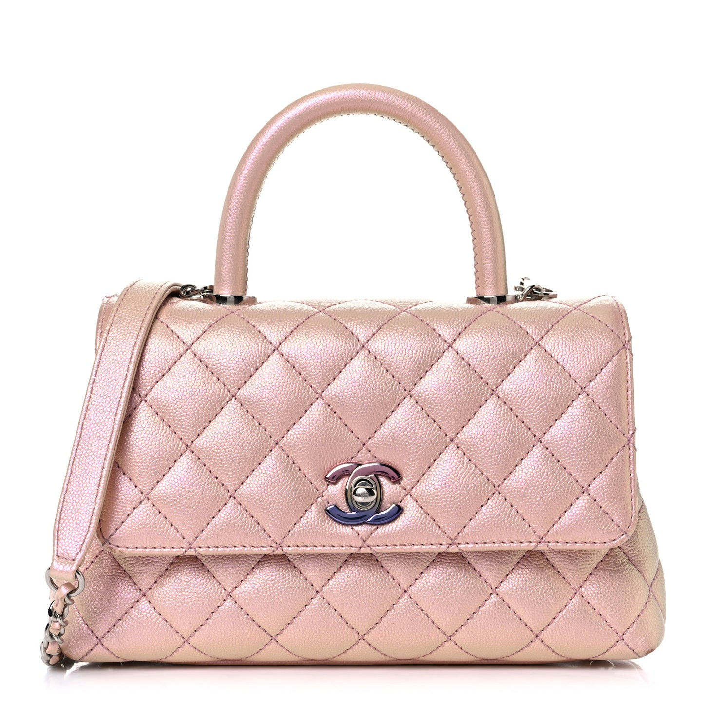 Iridescent Caviar Quilted Mini Coco Handle Flap Pink