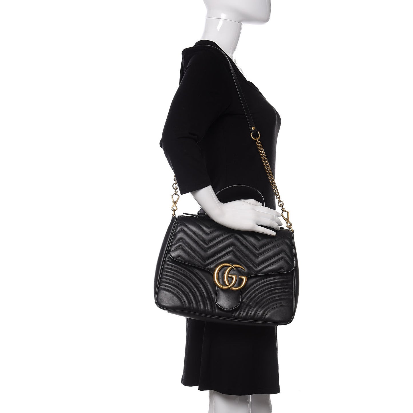 Calfskin Matelasse Medium GG Marmont Top Handle Shoulder Bag Black
