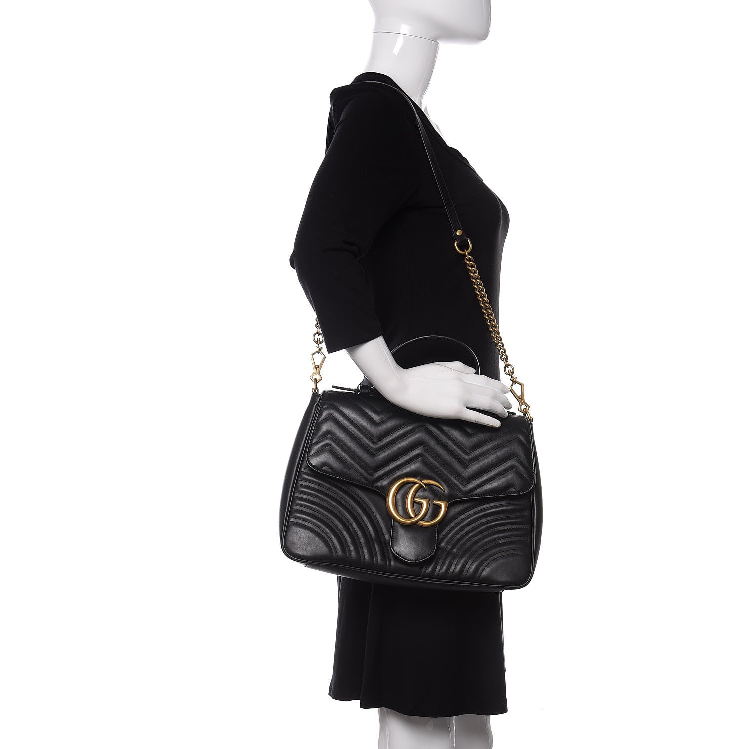 Gucci Calfskin Matelasse Medium GG Marmont Top Handle Shoulder Bag Black 2 of 11
